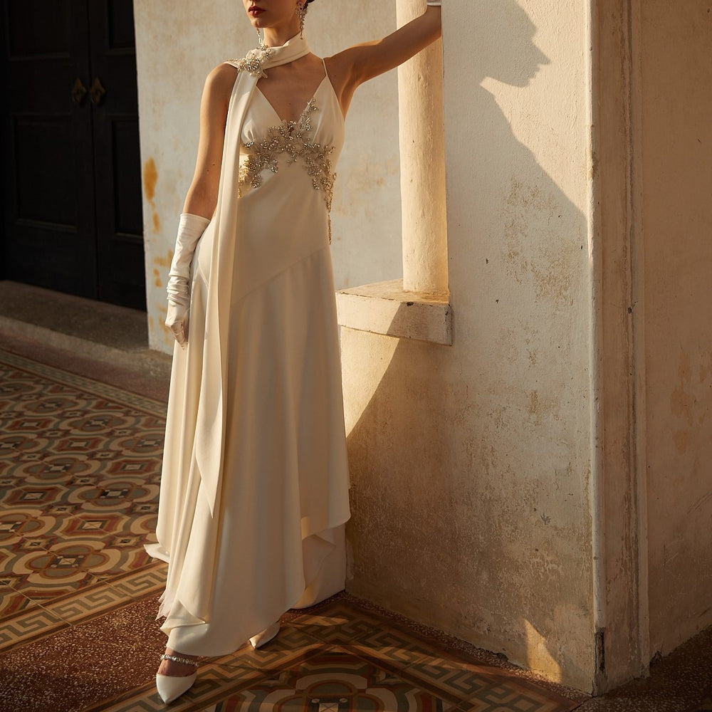 Whisper V-Neck Beaded Stretch Satin Wedding Dress