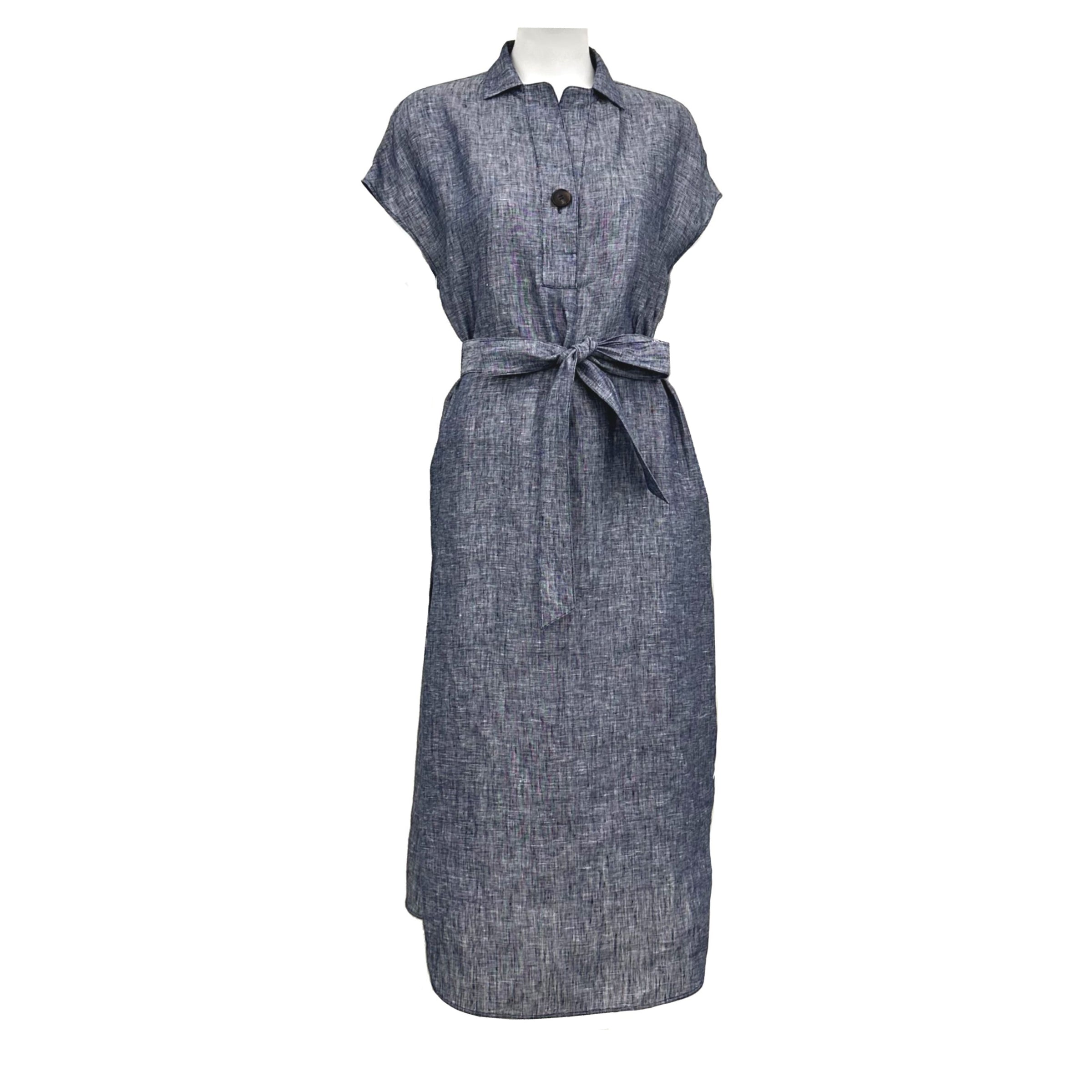 Womens Yarn-Dyed Linen Belted Dress