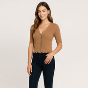 Scalloped Edge Short Sleeve Ribbed Knit Cardigan